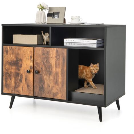 COSTWAY Cat Litter Box Enclosure Hidden Cat Washroom with Scratching Pad