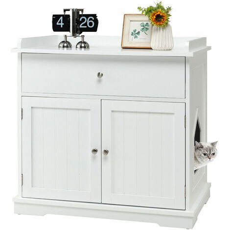 COSTWAY Cat Litter Box Enclosure, Kitty Hidden Washroom Toilet with Drawer, Doors and Hole, Cats Furniture End Table for Living Room Bathroom
