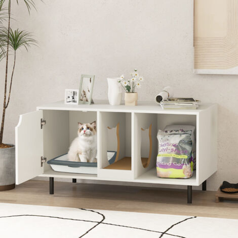 COSTWAY Cat Litter Box Enclosure Large Hidden Cat Washroom w/ Storage-White