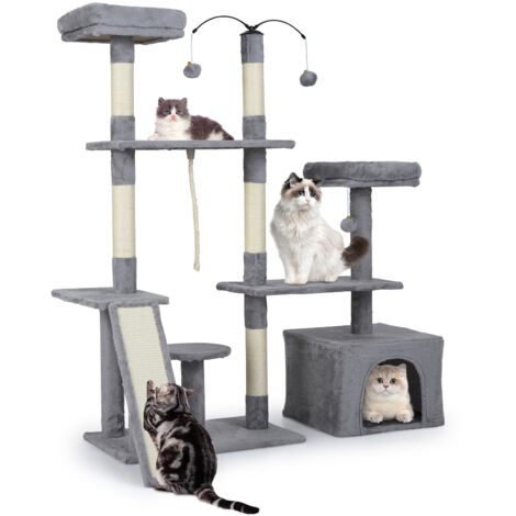COSTWAY Cat Tree 136cm Gray Multi Tier Playhouse with Scratching Posts Ramp Condo Grey