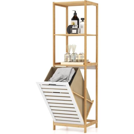 COSTWAY Cesto per Bucato a 4 Livelli con Ribaltamento in Bambù, Scaffale per Bagno, 36x33x130 cm