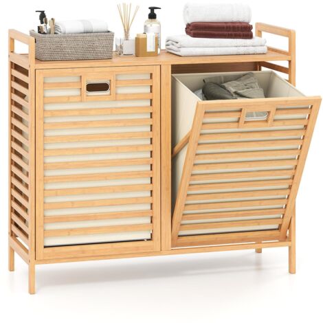 COSTWAY Cesto Portabiancheria in Bambù 75 L, Porta Biancheria Sporca con 2 Cestini Rimovibili, Ripiano Superiore e Maniglie, Mobile Salvaspazio per Bagno, Soggiorno e Ingresso, 80 x 30 x 72 cm