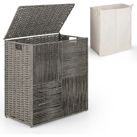 COSTWAY Cesto Ropa Sucia con Tapa, Cesto para Colada de Ratán Tejido a Mano, 110 L Clasificador Grande de 2 Secciones con Bolsa de Forro Extraíble, Cesta de Ropa Plegable Portátil Para Baño