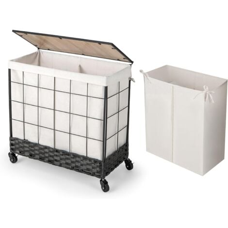 COSTWAY Cesto Ropa Sucia con Tapa de Madera, 130 L Cesta Ratán para Colada con Bolsa Extraíble Dividida, Ruedas y Traba, Clasificador de Ropa de Metal con Asa para Lavandería, 68 x 34 x 67 cm