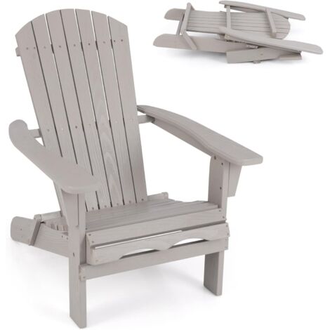 COSTWAY Chaise Adirondack en Bois de Sapin, Chaise de Jardin Exterieur Pliable, Siège à Lattes, Dossier Incliné et Haut, Fauteuil Exterieur pour Jardin Pisine Terrasse, Charge 180 KG (Gris,1 pièce)