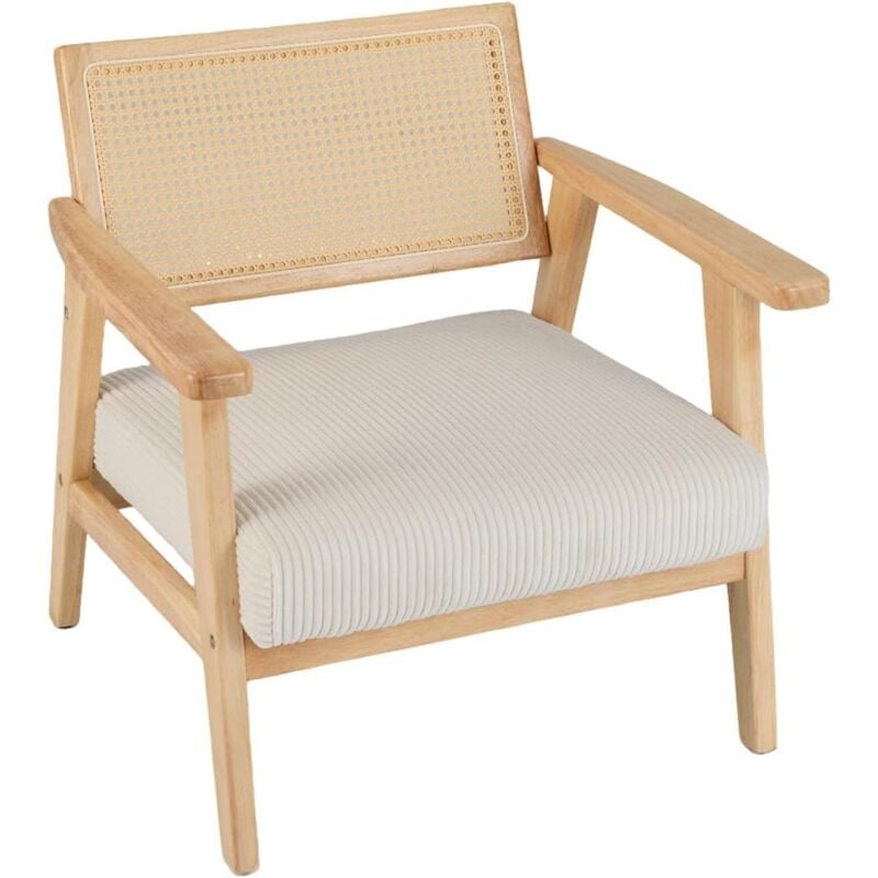 Costway - Chaise d'Appoint en Velours Côtelé, Chaise de Loisirs d'ntérieur avec Siège Rembourré et Dossier en Rotin, Fauteuil Rembourré en Bois