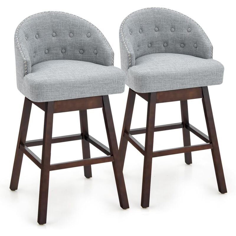 Costway - Chaise de Bar Pivotante Lot de 2, Tabouret de Bar Rembourré en Éponge, Pieds en Bois d'Hévéa, Chaise Haute Cuisine en Lin avec