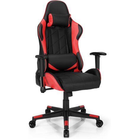 COSTWAY Chaise de Bureau/Chaise Gaming Réglable à Dossier Inclinable de 90°-160° avec Appui-tête, Renfort Lombaire et Accoudoirs Rembourrés Rouge