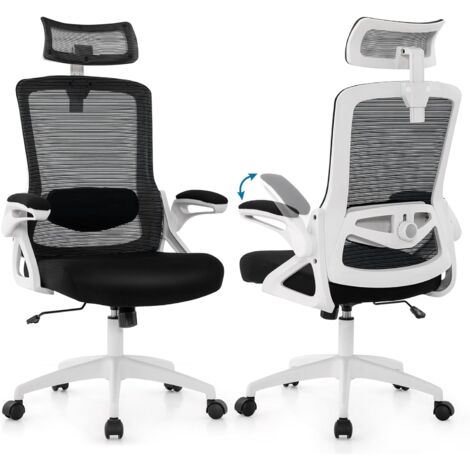 COSTWAY Chaise de Bureau Ergonomique, Chaise Pivotante avec Soutien Lombaire Ajustable & Dossier Basculant en Maille, Chaise d’Ordinateur avec Appuie-tête Ajustable et Accoudoirs Rabattables (Blanc)