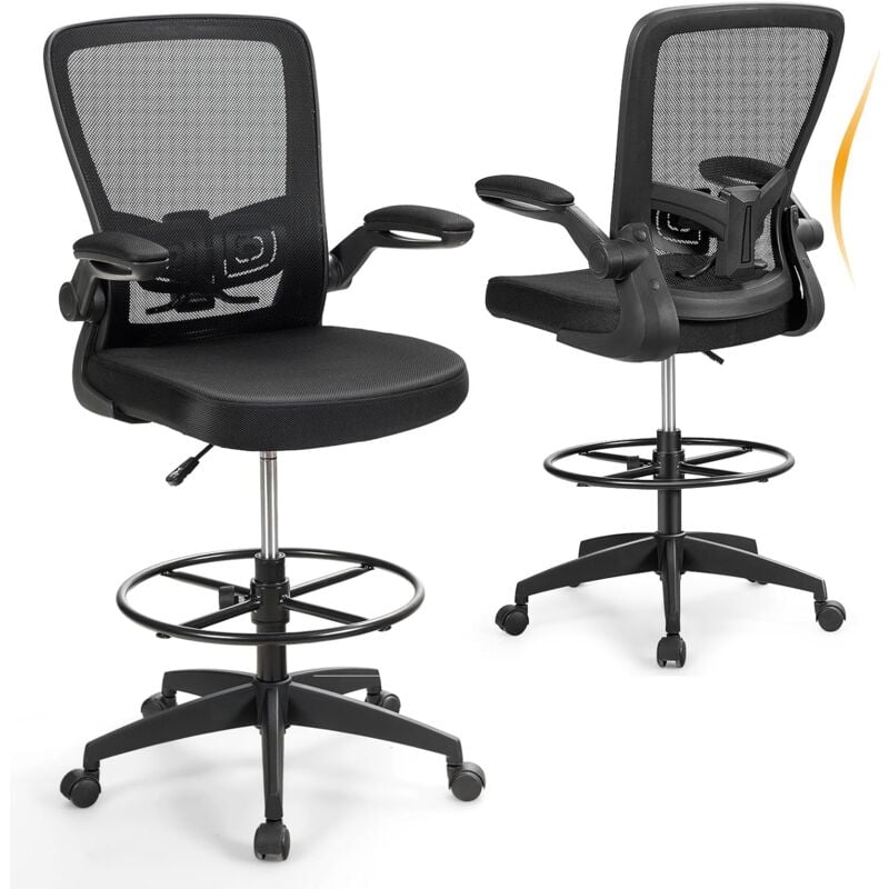 Costway - Chaise de Bureau Ergonomique en Maille, Chaise d'Ordinateur avec roulettes, Accoudoirs Rabattables, Repose-Pieds, Réglable en Hauteur,