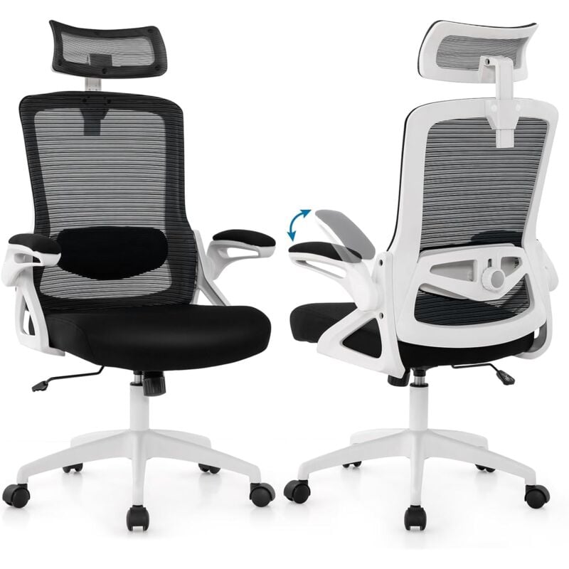 Costway - Chaise de Bureau Ergonomique, Chaise Pivotante avec Soutien Lombaire Ajustable & Dossier Basculant en Maille, Chaise d'Ordinateur avec