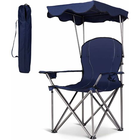 COSTWAY Chaise de Camping avec Parasol/Chaise de Plage Pliante avec Porte-gobelet,Accoudoirs Portable 120 KG pour Plage,Pêche Rouge/Bleu