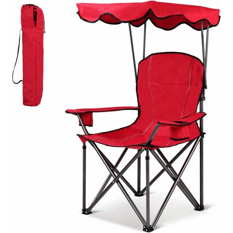 COSTWAY Chaise de Camping avec Parasol/Chaise de Plage Pliante avec Porte-gobelet,Accoudoirs Portable 120 KG pour Plage,Pêche Rouge/Bleu