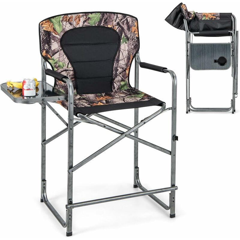 Costway - Chaise de Camping Pliante avec Table Latérale et Porte-Gobelet, Chaise de Directeur Robuste avec Repose-Pied Détachable, Chaise de Chasse