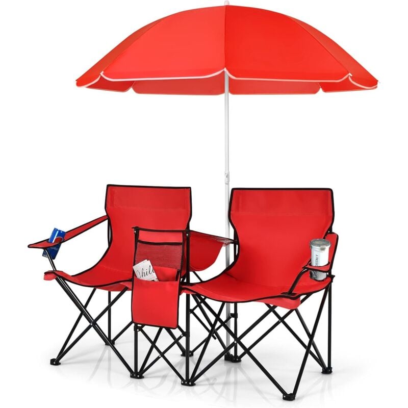Chaise de Camping Pliante, Chaise d'extérieur Portable avec Glacière et Parasol, Chaise de Plage à 2 Places avec Porte-gobelet et Sac de Transport,
