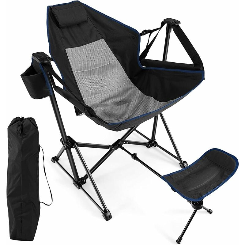 Costway - Chaise de Camping Pliante Inclinable avec Repose-pieds Rétractable Oreiller de Tête Sac de Transport Porte-gobelet Pêche Noir