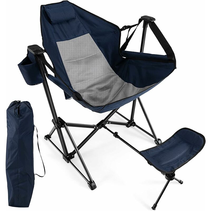 Chaise de Camping Pliante Inclinable avec Repose-pieds Rétractable Oreiller de Tête Sac de Transport Porte-gobelet Pêche Marine - Costway