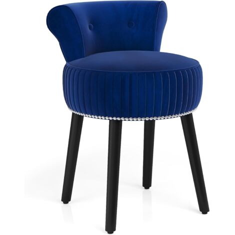 COSTWAY Chaise de Coiffeuse en Velours, Tabouret Coiffeuse avec Dossier, Pieds en Bois dHévéa, Patins Réglables, Tabouret de Maquillage, Dossier Bas Capitonné, pour Chambre Salon, 48x46x66 cm (Bleu)