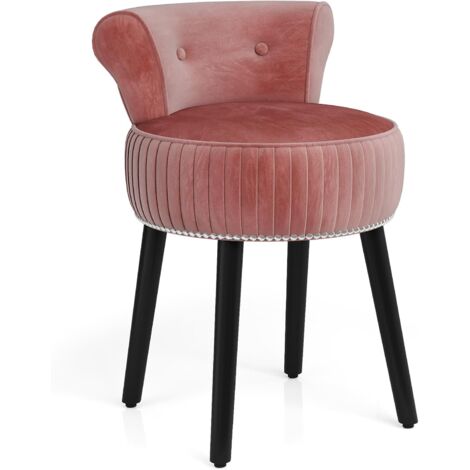 COSTWAY Chaise de Coiffeuse en Velours, Tabouret Coiffeuse avec Dossier, Pieds en Bois dHévéa, Patins Réglables, Tabouret de Maquillage, Dossier Bas Capitonné, pour Chambre Salon, 48x46x66 cm (Rose)
