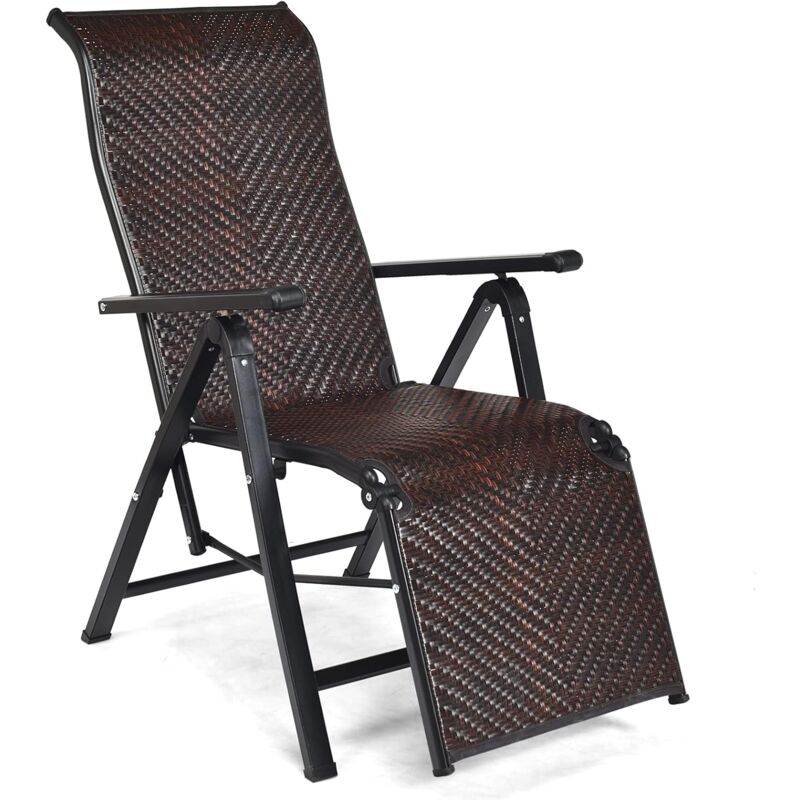 Chaise de Jardin Pliante en Rotin, Fauteuil d'Extérieur Pliable avec Dossier Réglable et Cadre en Métal, Fauteuil Inclinable pour Patio, Terrasse,