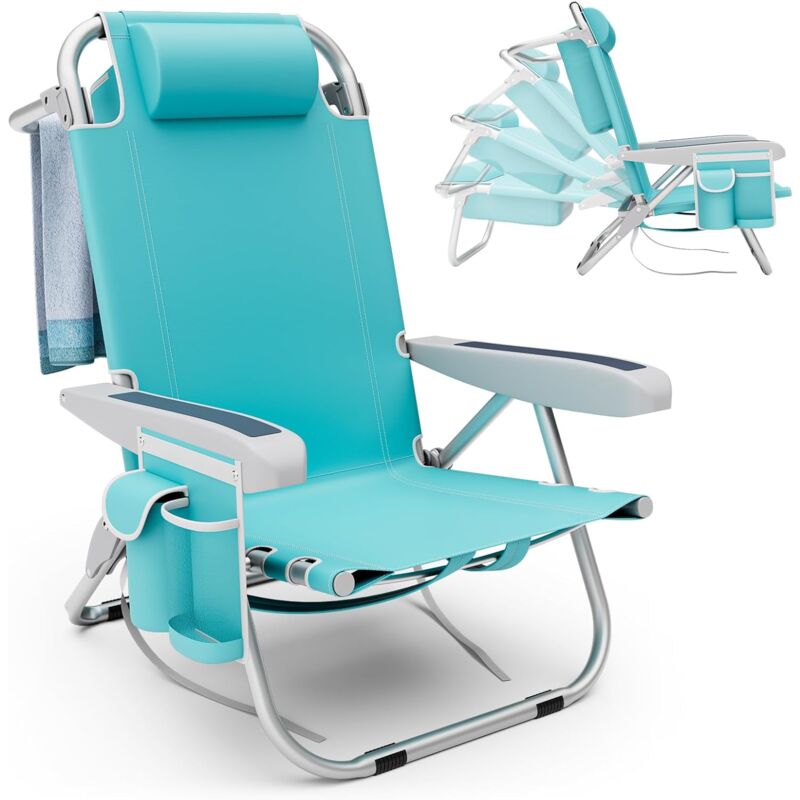 Chaise de Longue Pliante, Transat Jardin Extérieur, 5 Positions Réglable, Porte-Gobelet, Chaise de Plage, Poches de Rangement, Bain de Soleil, 66 x