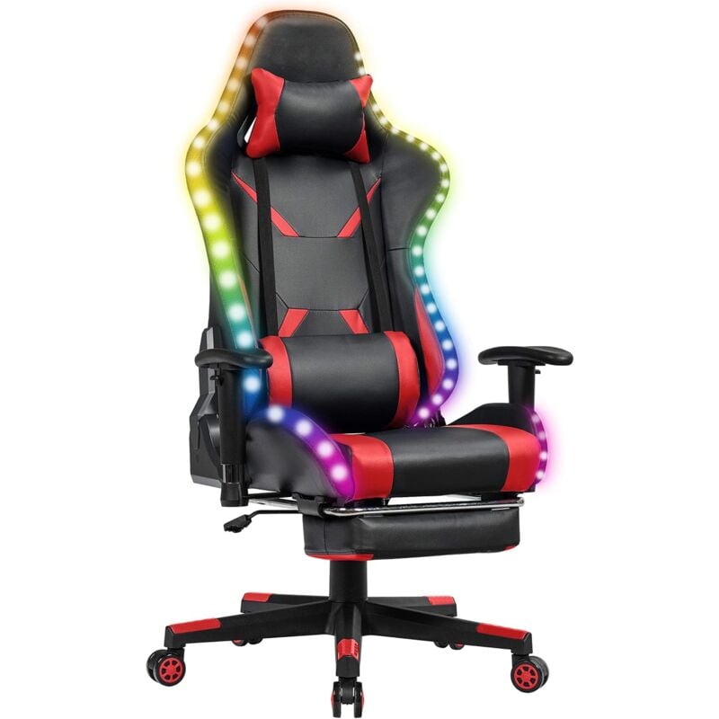 Costway - Chaise Gaming rvb , Fauteuil Gamer Éclairage led 358 Effets en pu avec Dossier, Hauteur et Repose Pieds Réglable Rouge