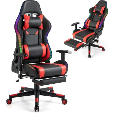 Costway – Chaise gaming ergonomique avec lumières LED – Accoudoirs réglables 2D – Repose-pieds rétractable – Support jusqu'à 160 kg – Confort optimal