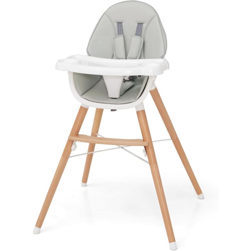 Chaise Haute Bébé avec Double Plateau, Chaise Haute avec Pieds en Bois pour Tout-Petits 6-36 Mois, Chaise d'Alimentation avec Coussin Amovible et