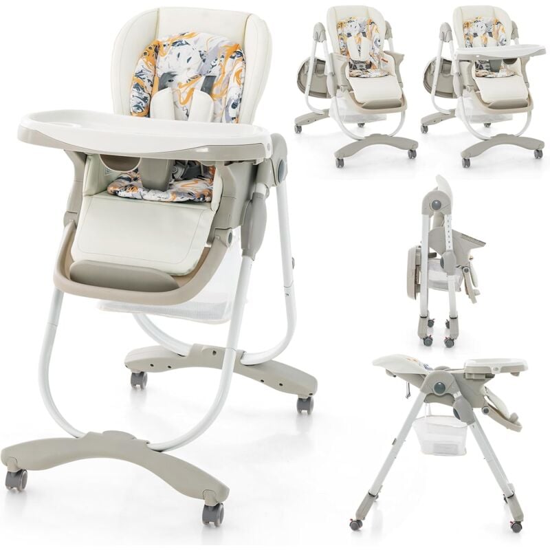 Chaise Haute Bébé Convertible, Chaise Portable pour Tout-Petits avec Double Plateau, Siège Enfant avec Hauteur/Dossier/Repose-Pieds Réglables, Roue