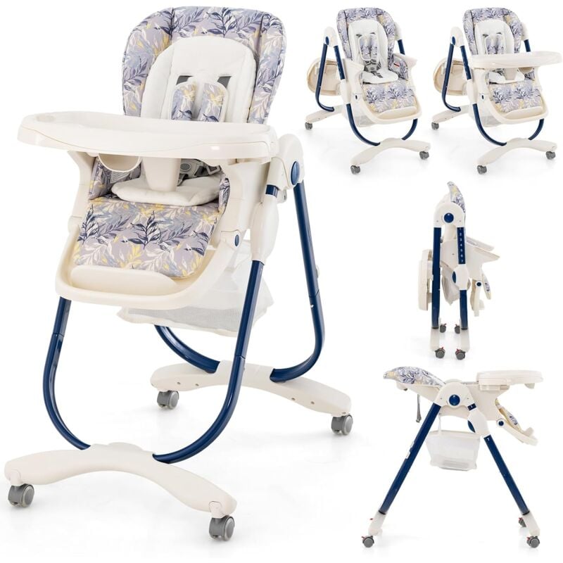 Chaise Haute Bébé Convertible, Chaise Portable pour Tout-Petits avec Double Plateau, Siège Enfant avec Hauteur/Dossier/Repose-Pieds Réglables, Roue