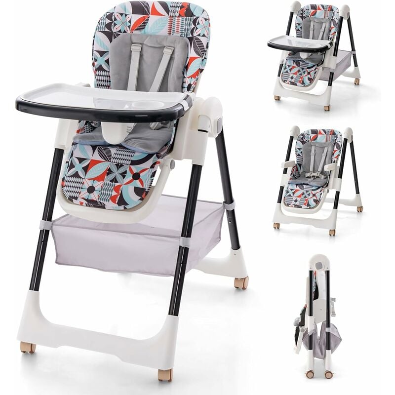Costway - Chaise Haute Bébé Pliable avec Dossier Inclinable, Siège Enfant avec Double Plateau Amovible, 4 Roues Verrouillables et 8 Hauteurs
