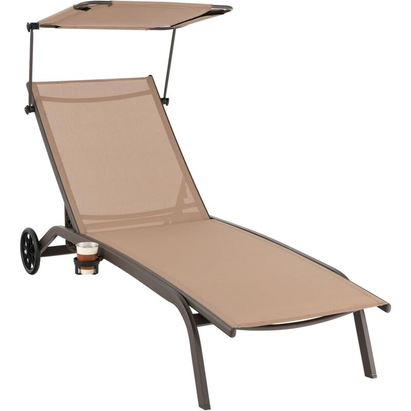 Chaise Longue de Jardin Inclinable Pliable, avec 6 Dossier Réglable, Auvent Rotatif, 2 Roulettes, Charge Max 150 kg - Costway