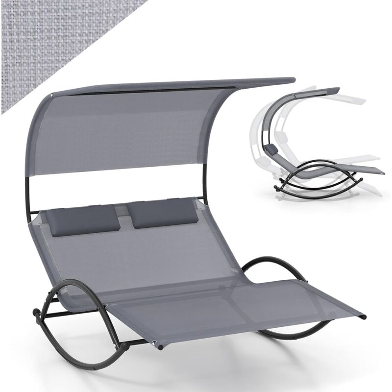 Chaise Longue d'Extérieur à Bascule, Transat à Bascule pour 2 Personnes, Lit de Repos 2 Places avec Auvent Pare-Soleil et 2 Oreillers Amovibles,