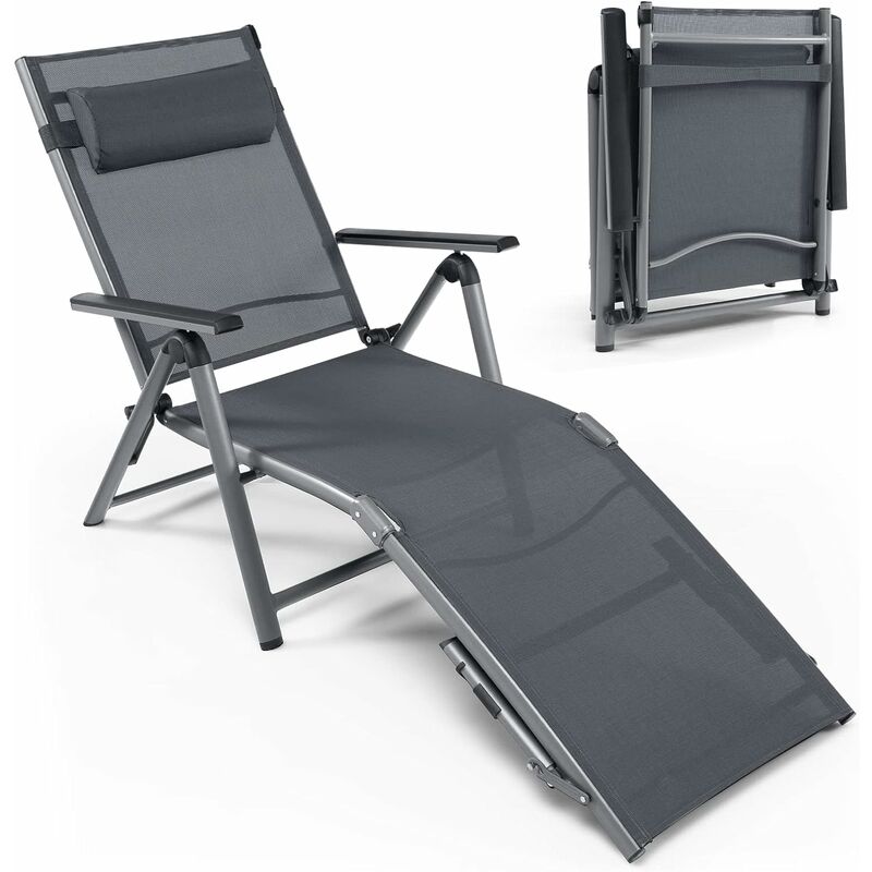Costway - Chaise Longue d'Extérieur en Aluminium, Chaise Longue Pliante de Patio avec 8 Positions de Dossier et 2 Pieds Réglables, Tissu à Séchage