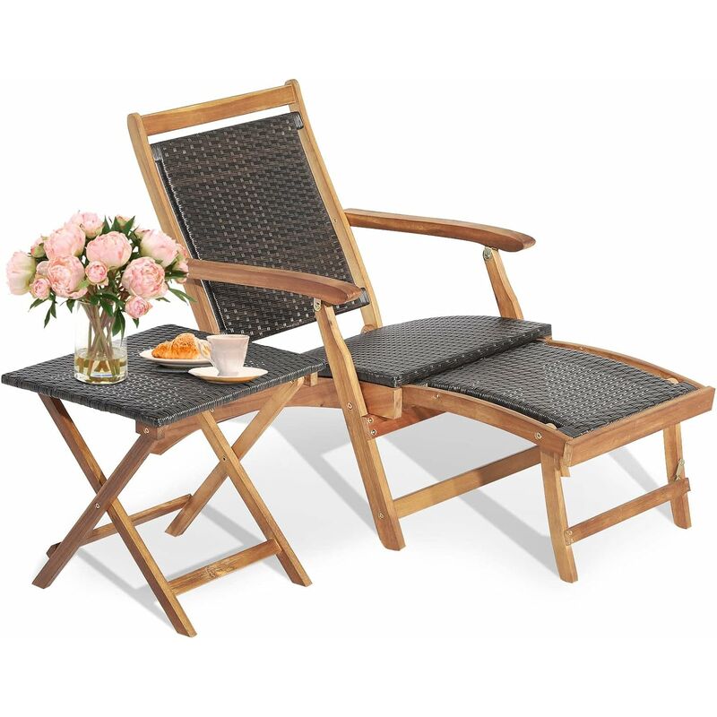 chaise longue en rotin et bois d'acacia certifié fsc avec repose-pied rétractable et accoudoirs charge 160kg, bain de soleil avec table d'appoint