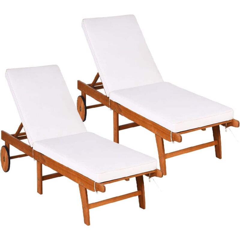 Bains de Soleil Pliable-Bois d'Eucalyptus/Chaise Longue avec Coussin à Roulettes-Dossier Réglable sur 6 Positions-Charge Max 160KG (2 pièces)