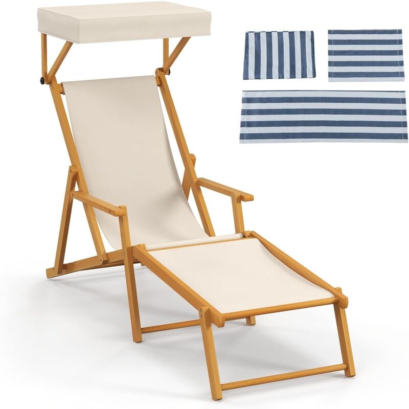 COSTWAY Chaise Longue Pliante à 4 Positions, Bain de Soleil Bois avec Remplacement, Canopée Réglable, 600D Oxford, Fauteuil Confortable pour Jardin