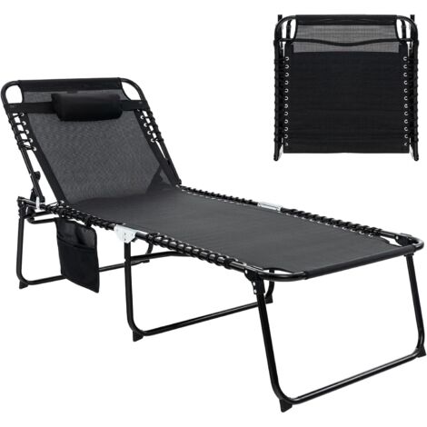 COSTWAY Chaise Longue Pliante, Bain de Soleil, Appuie-tête Amovible, Porte-revue Latéral, Dossier Réglable à 4 Positions, Cadre en Acier, Transat Jardin Exterieur, Charge 150 KG (188 x 69 cm,Noir)