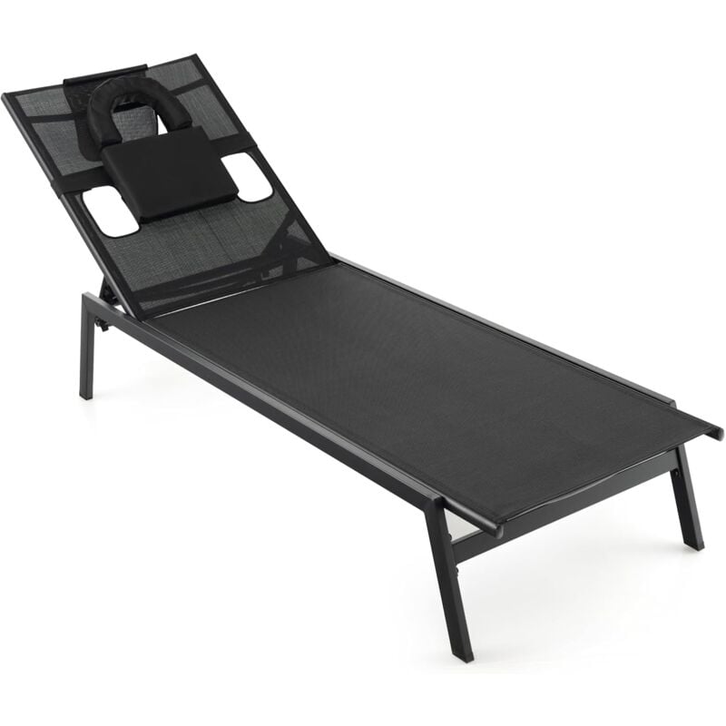 COSTWAY Chaise Longue Pliante, Bain de Soleil en Cadre Métallique, Chaise Longue d'Extérieur avec Trou et Oreillers Amovibles, Transat de Jardin