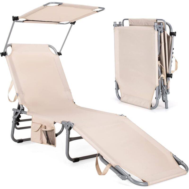Chaise Longue Pliante Inclinable à 5 Positions avec Auvent Rotatif à 360°, pour Camping Terrasse, Charge Max 150 kg, Beige - Costway
