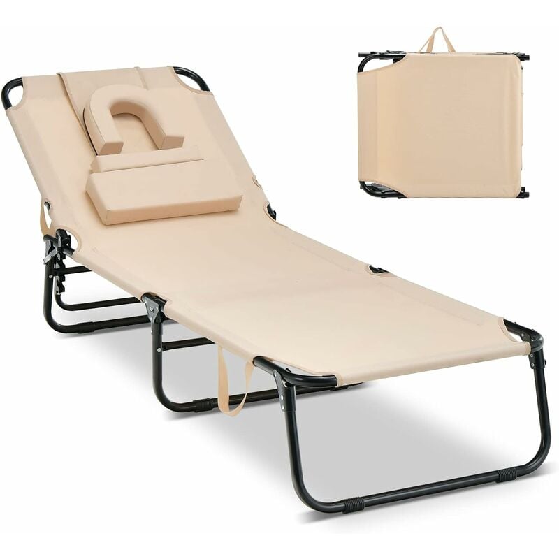 costway - chaise longue pliante réglable à 5 positions avec trou pour visage, bain de soleil en tissu oxford 3 coussins amovibles charge 160kg, pour