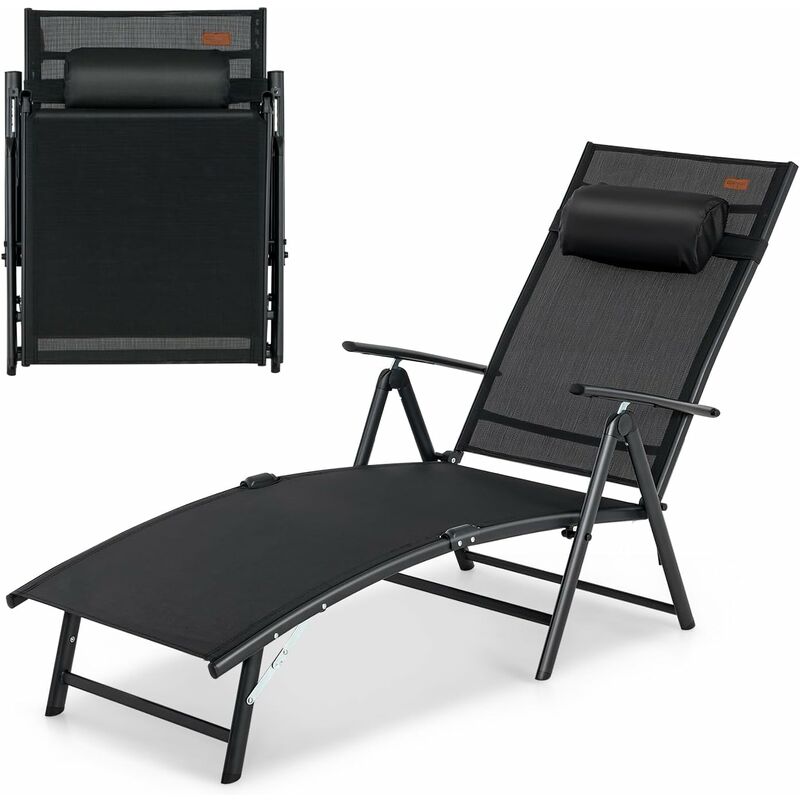chaise longue pliante, transat inclinable portable avec dossier réglable sur 7 positions, bain de soleil avec accoudoir, repose-tête, extérieur pour