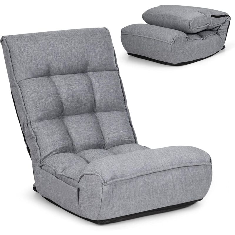Chaise Pliable de Sol Relax - Dossier à 4 Position Réglable 90°-150° en Tissu de Lin de Style Jabonais Gris - Costway