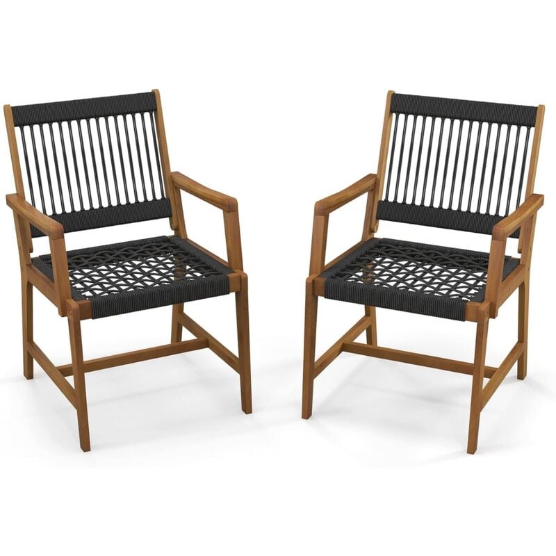 Chaises de Jardin Extérieur Lot de 2 en Bois d'Acacia, Chaise de Salle à Manger en Corde avec Accoudoirs, Fauteuil Jardin Extérieur Intérieur pour