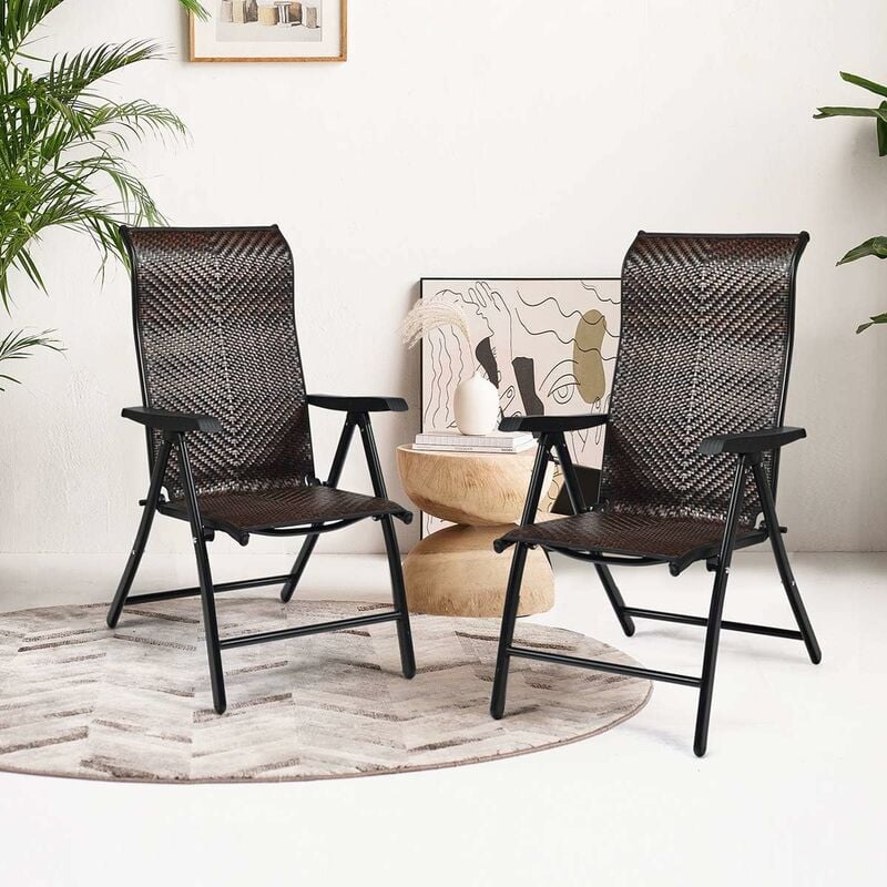Chaises Pliantes de Jardin en Rotin, 2 Pièces avec Dossier Réglable pour Extérieur&Intérieur, 71x58x111cm, Marron - Costway