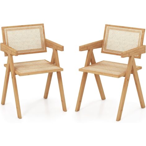 COSTWAY Chaises Salle à Manger, Chaise Cuisine Lot de 2 en Bambou, Dossier Siège en Rotin, Design Cannage, Style Vintage, Chaise de Salon pour Restaurant, Chambre