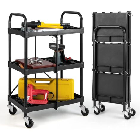 Costway – Chariot d'atelier pliant 3 niveaux – Charge 45 kg – Dimensions 61x44x96 cm – Roues universelles 7 cm – 4 rainures pour outils