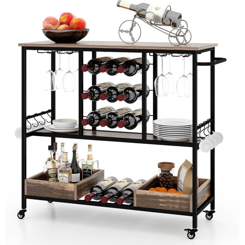 Costway - Chariot de Bar 3 Niveaux, Desserte à roulettes, Chariot à Boissons Industriel avec Porte-Bouteilles et Porte-Verres, Crochets & Boîtes de