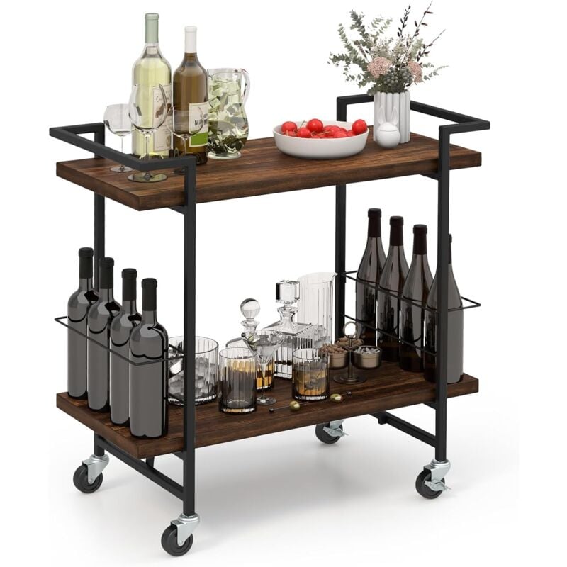Costway - Chariot de Bar à 2 Niveaux, Style Industriel, Étagère de Cuisine à roulettes, Cadre en Métal, Chariot de Service Verrouillables pour