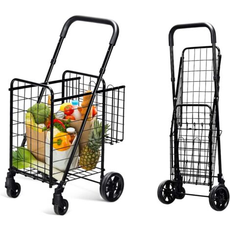 COSTWAY Chariot de Courses 4 Roues en Métal à Double Panier avec Poignée Réglable 83-95CM, Caddie de Courses Pliable Anti- Rouille à 4 Roues, Chariot à roulettes 58L Charge 20kg Capacité (Noir)